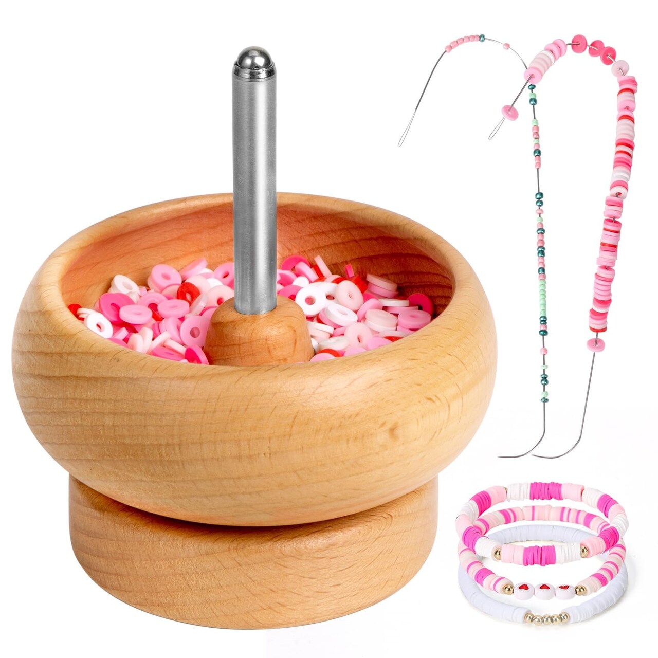 Bead Spinner for Jewelry Making, Effortless Rotating Wooden Clay Bead Spinner with 2 Big Eye Beading Needles and 3000 Seed Beads, Beading Supplies for Making Waist, Bracelets, Necklace
